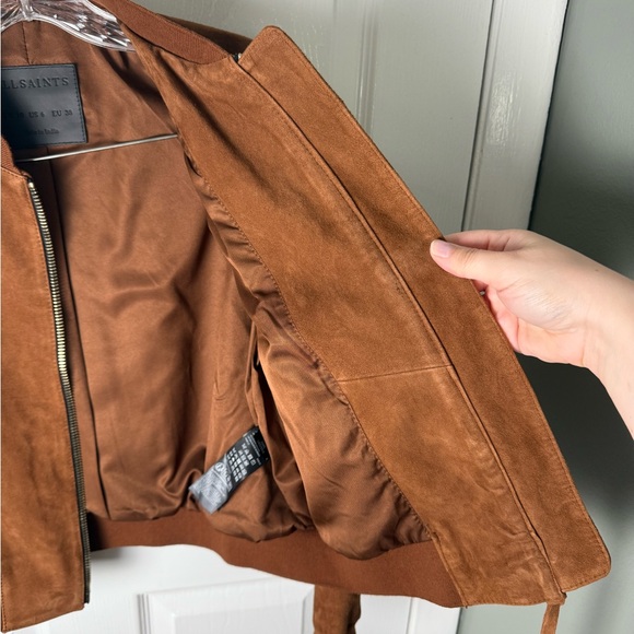 All Saints Orten Suede Bomber Jacket in Cognac Brown 6 - Picture 10 of 13